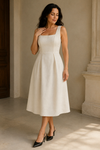 Ivory linen a-line midi dress, full front view, square neck and midi A-line silhouette