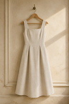 Ivory linen a-line midi dress, hanging on wooden hanger against plaster wall