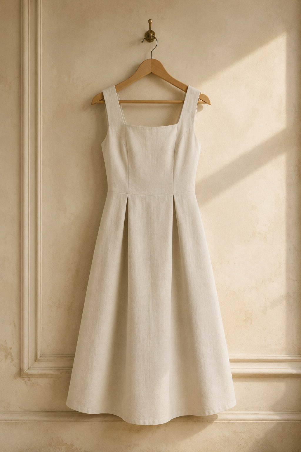 Ivory linen a-line midi dress, hanging on wooden hanger against plaster wall
