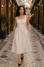 Ivory linen a-line midi dress, lifestyle, city street on a sunny day