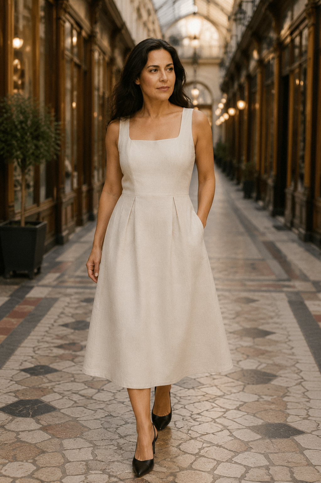 Ivory linen a-line midi dress, lifestyle, city street on a sunny day