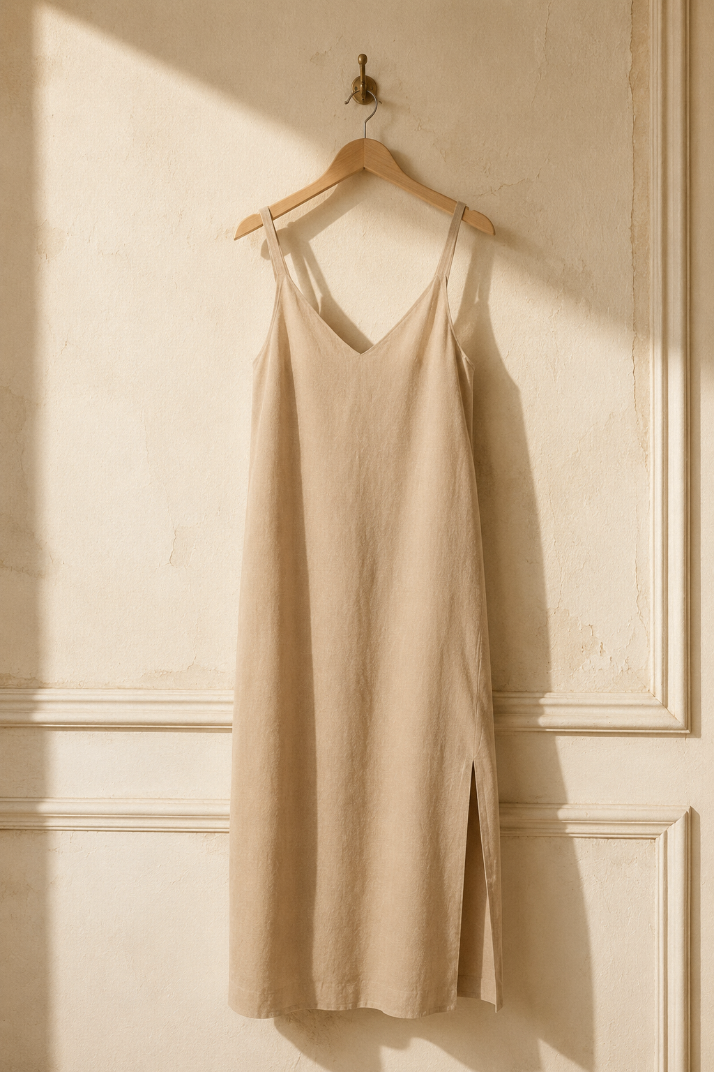 Beige linen slip midi dress, hanging on wooden hanger against plaster wall