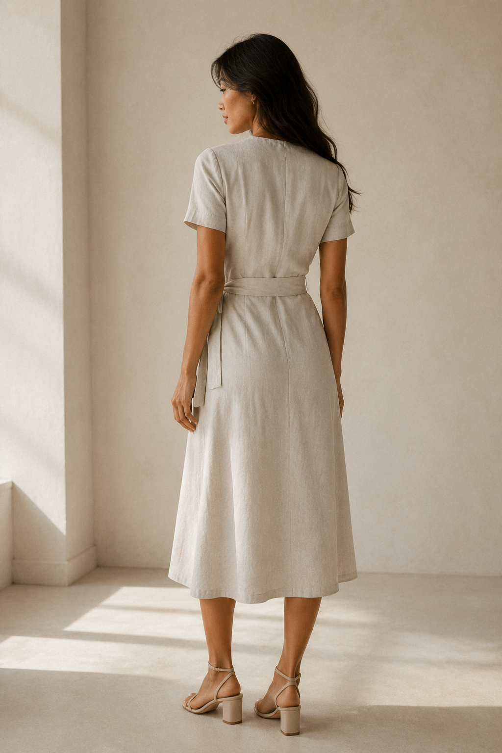 Oatmeal linen wrap midi dress, back view, smooth back, defined waist, flowing skirt