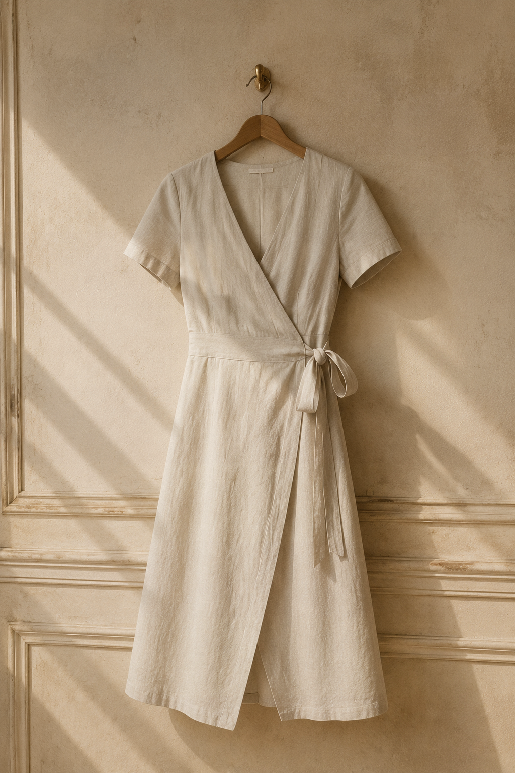 Oatmeal linen wrap midi dress, hanging on wooden hanger against plaster wall