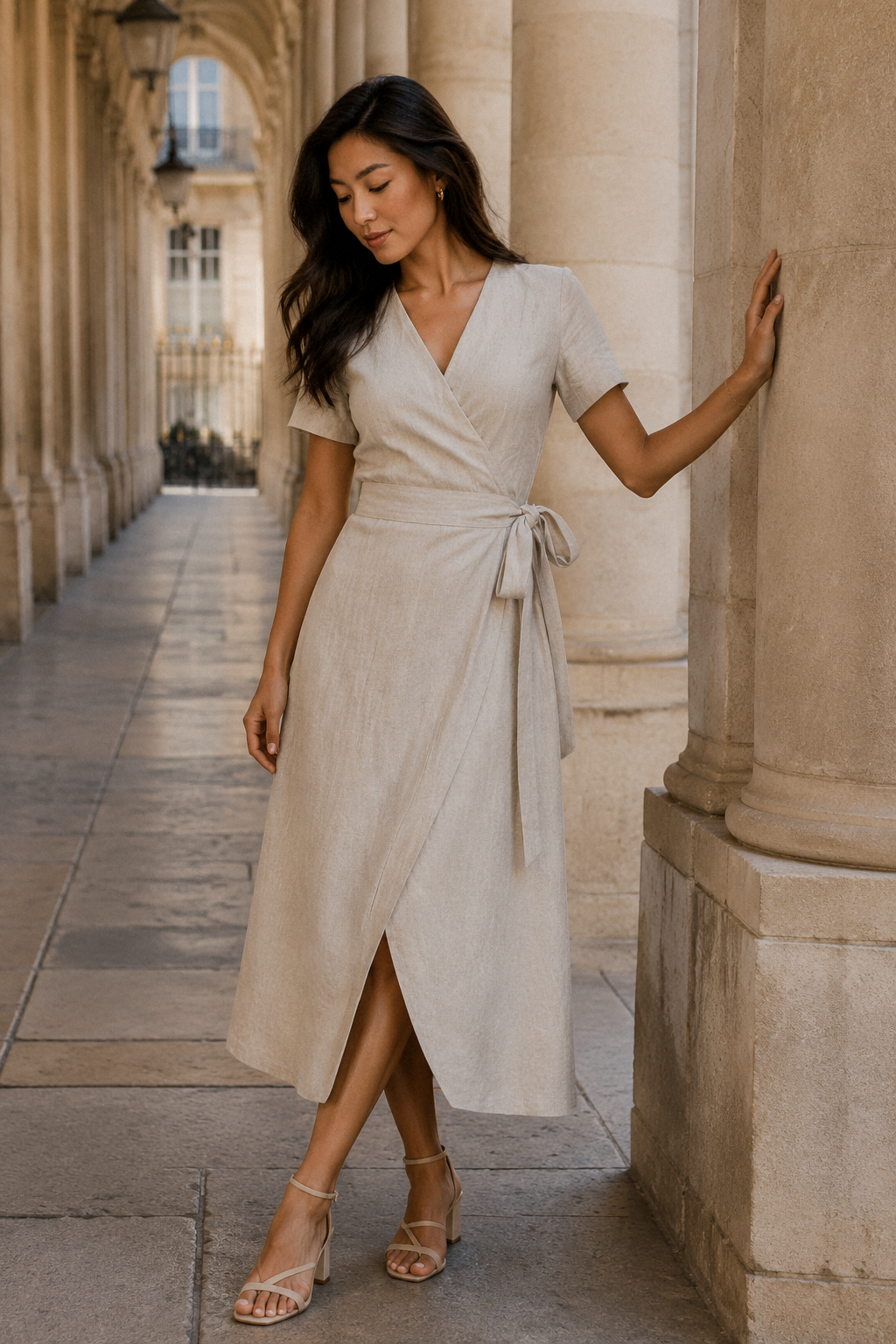 Oatmeal linen wrap midi dress, front view, V neckline, wrap front, short sleeves