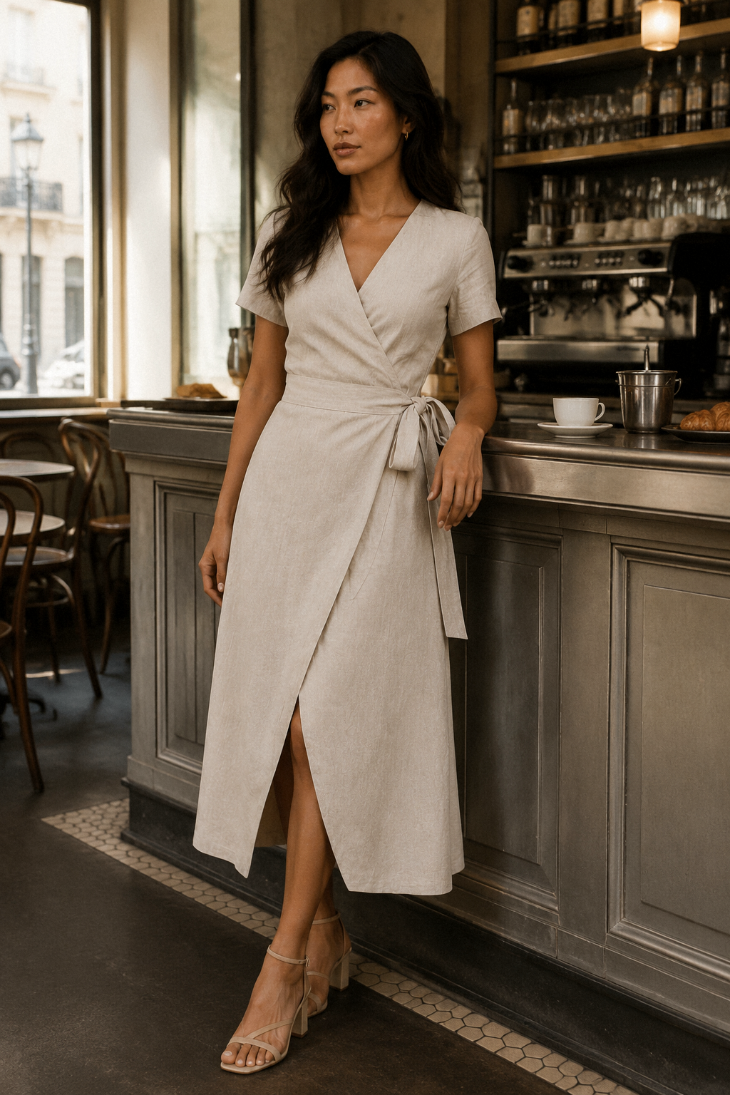 Oatmeal linen wrap midi dress, lifestyle, sunlit moment against a textured wall