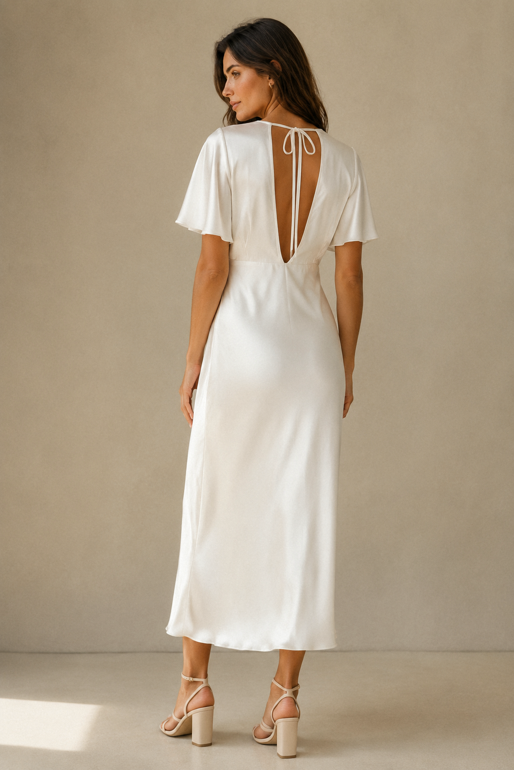 Ivory silk column midi dress, back view, softly draped column back