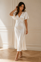 Ivory silk column midi dress, full front view, draped silk column silhouette