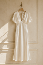 Ivory silk column midi dress, hanging on wooden hanger against plaster wall