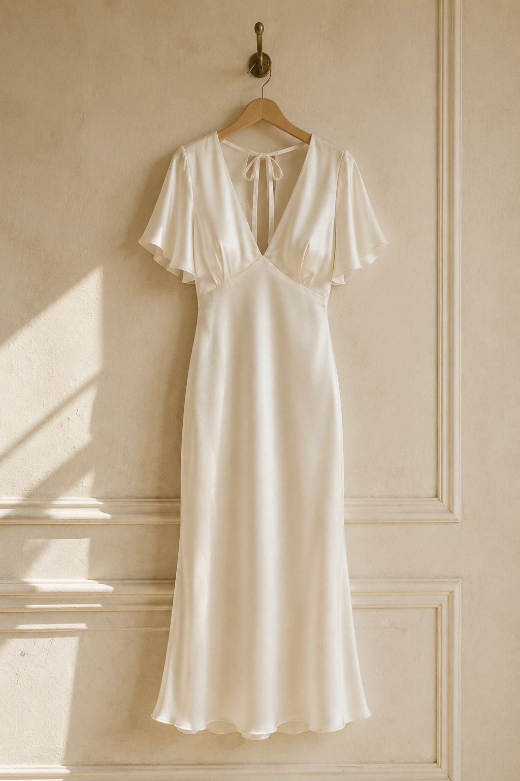 Ivory silk column midi dress, hanging on wooden hanger against plaster wall