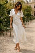 Ivory silk column midi dress, front view, V neckline and fluid short sleeves