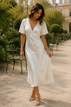 Ivory silk column midi dress, front view, V neckline and fluid short sleeves