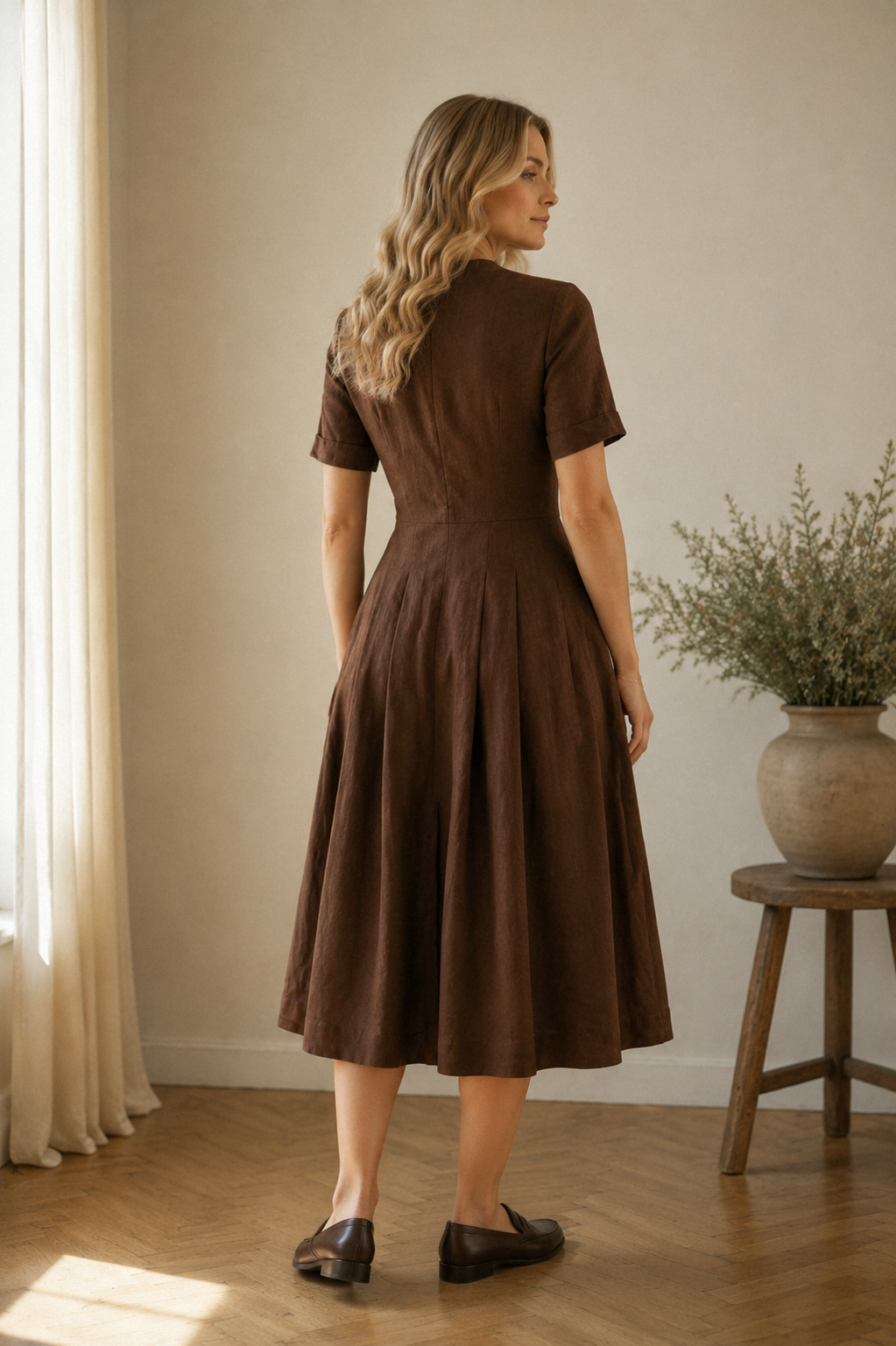 Brown linen a-line midi dress, back view, structured top, flowing skirt