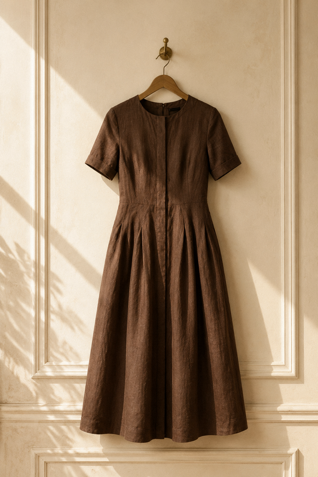 Brown linen a-line midi dress, hanging on wooden hanger against plaster wall