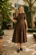 Brown linen a-line midi dress, lifestyle, afternoon light, quiet moments