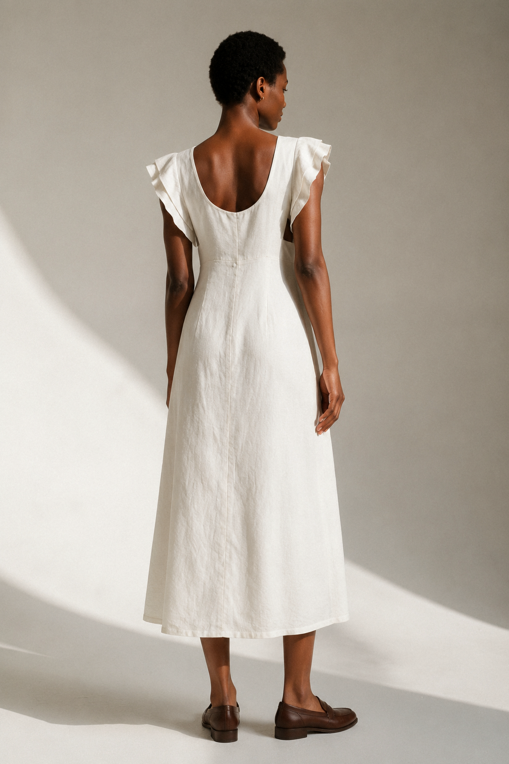 Ivory linen a-line midi dress, back view, smooth back with waist definition