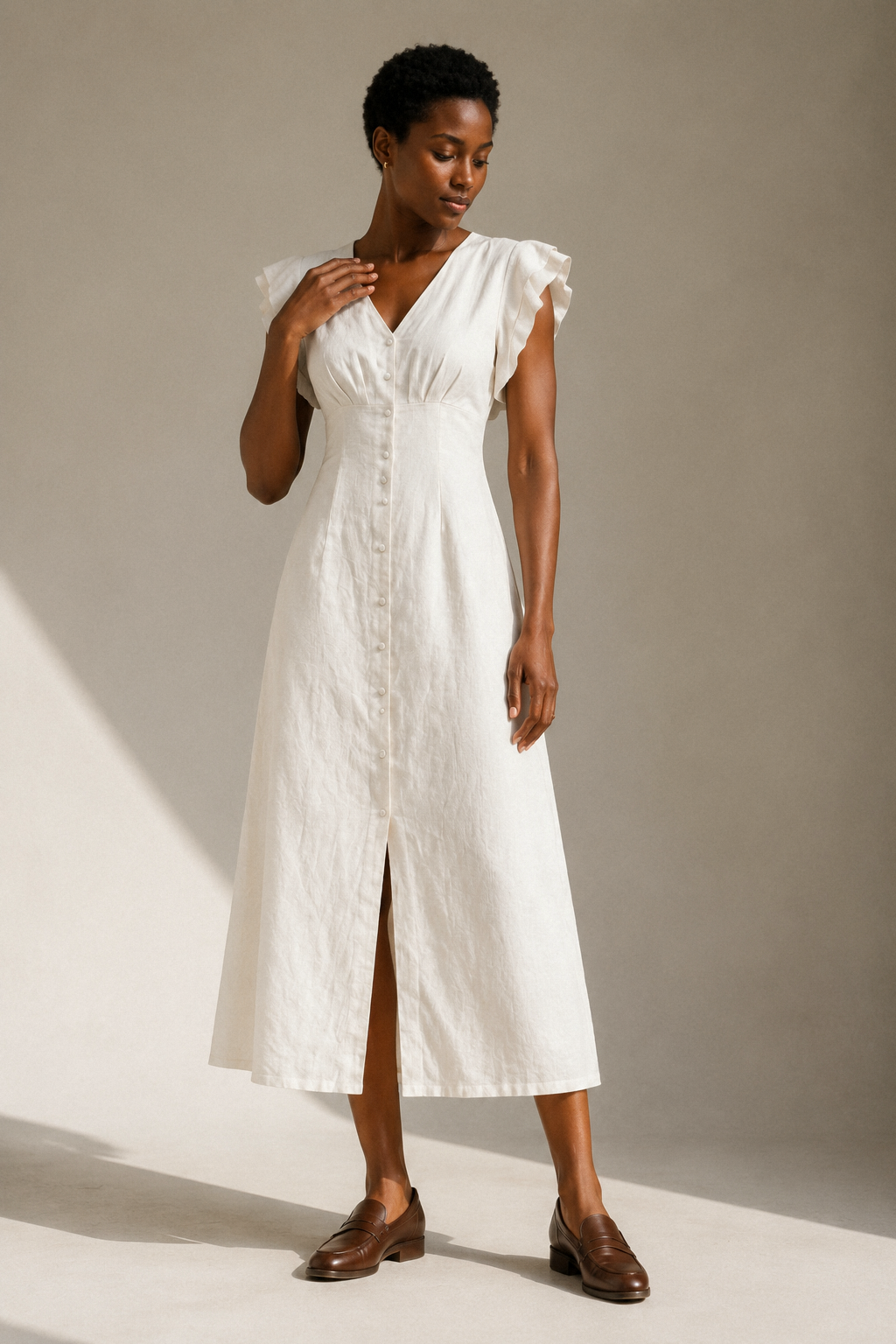 Ivory linen a-line midi dress, full front view, defined waist with A-line skirt