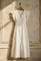 Ivory linen a-line midi dress, hanging on wooden hanger against plaster wall