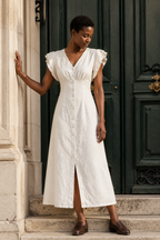 Ivory linen a-line midi dress, front view, V neckline and button-front closure