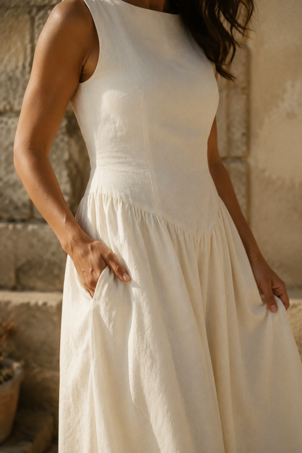 Ivory linen a-line midi dress, fabric detail, flax weave in raking light