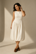 Ivory linen a-line midi dress, full front view, gathered waist, full skirt, midi length