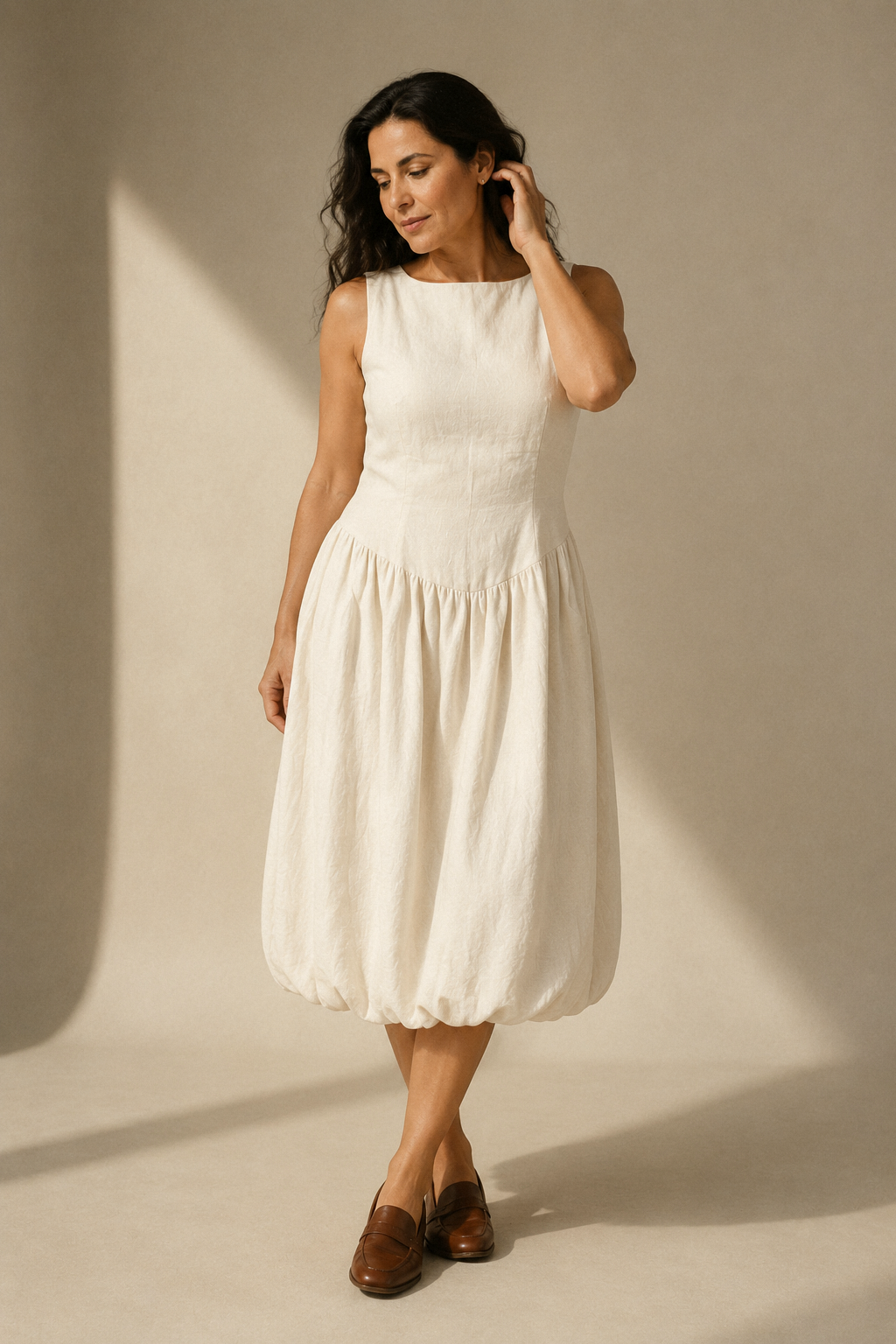 Ivory linen a-line midi dress, full front view, gathered waist, full skirt, midi length
