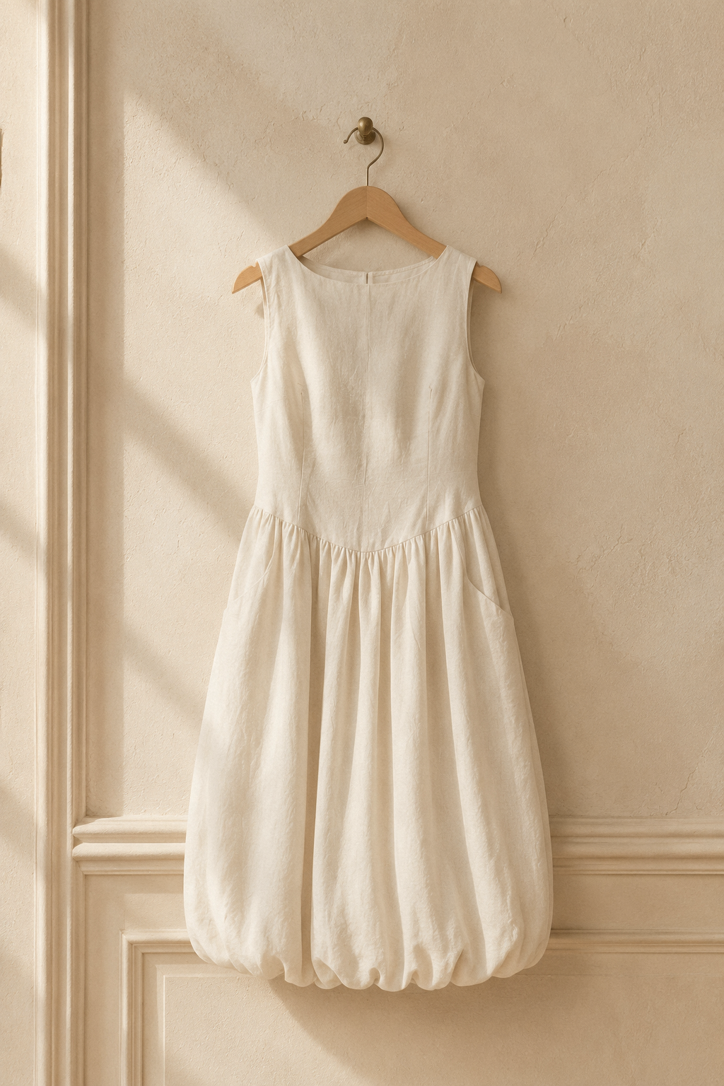 Ivory linen a-line midi dress, hanging on wooden hanger against plaster wall