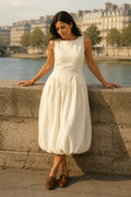 Ivory linen a-line midi dress, front view, round neck, sleeveless, side pockets