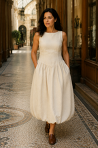 Ivory linen a-line midi dress, lifestyle, sunlit stroll, relaxed daytime ease