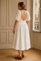 Ivory linen a-line midi dress, back view, tie closure and low scoop back