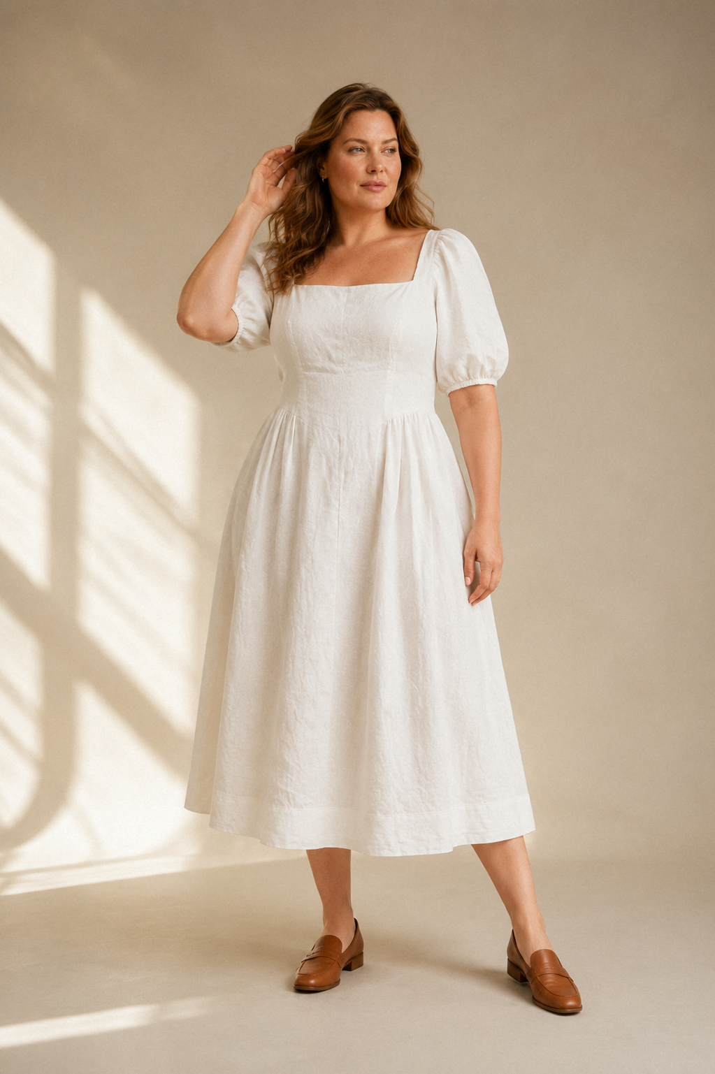 Ivory linen a-line midi dress, full front view, gathered waist and A-line skirt