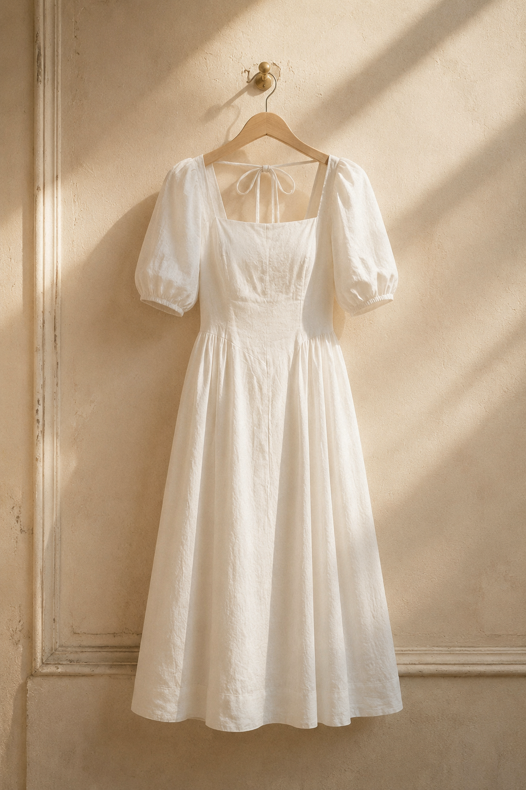 Ivory linen a-line midi dress, hanging on wooden hanger against plaster wall
