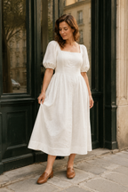 Ivory linen a-line midi dress, front view, scoop neckline and puff sleeves