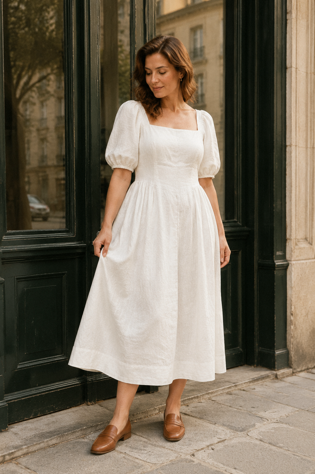 Ivory linen a-line midi dress, front view, scoop neckline and puff sleeves