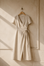 Beige linen wrap midi dress, hanging on wooden hanger against plaster wall