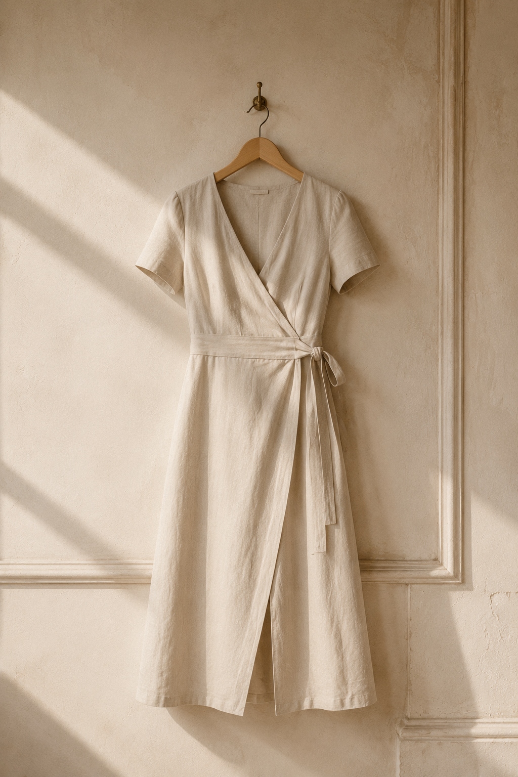 Beige linen wrap midi dress, hanging on wooden hanger against plaster wall