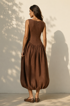 Brown linen bubble midi dress, back view, sleek back bodice, full skirt