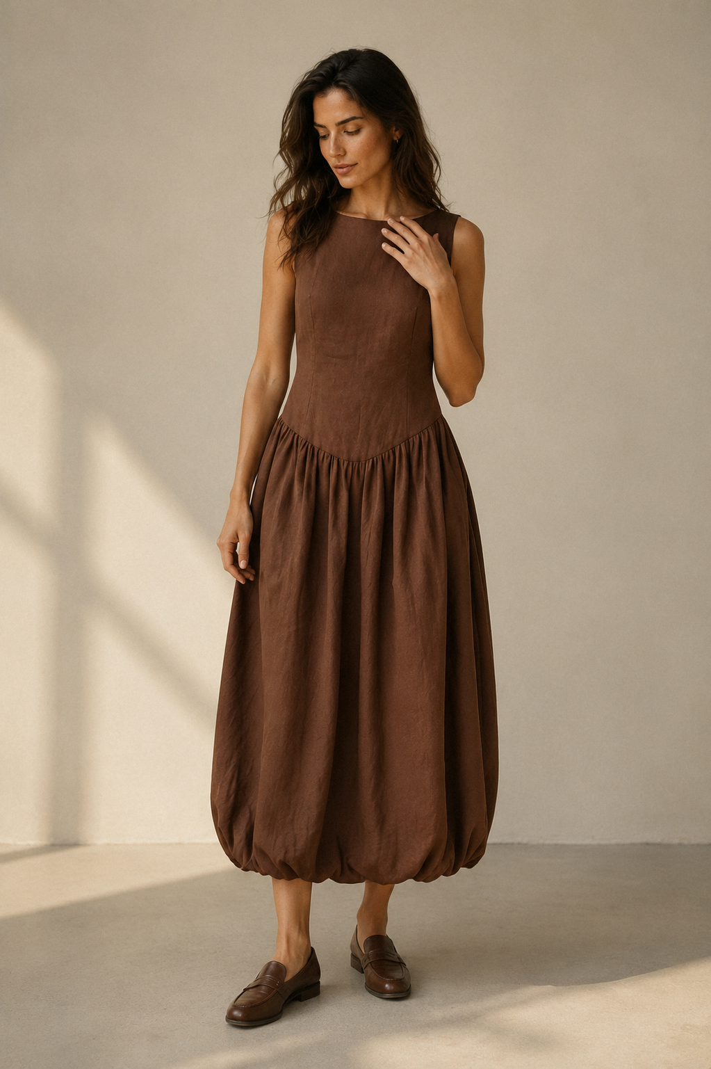 Brown linen bubble midi dress, full front view, fitted bodice, full bubble skirt