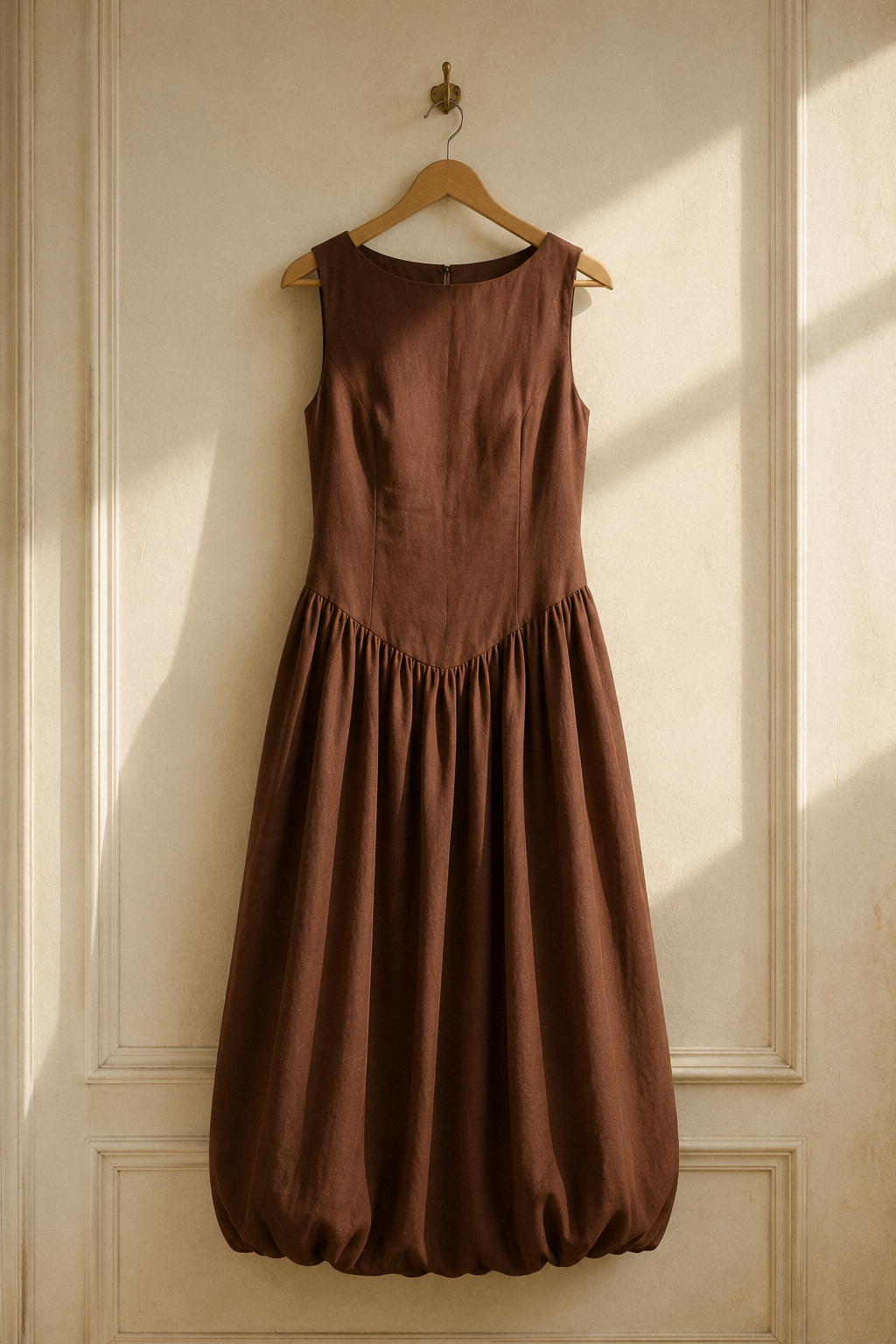 Brown linen bubble midi dress, hanging on wooden hanger against plaster wall