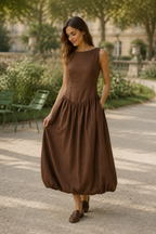 Brown linen bubble midi dress, front view, sleeveless, round neck, gathered waist