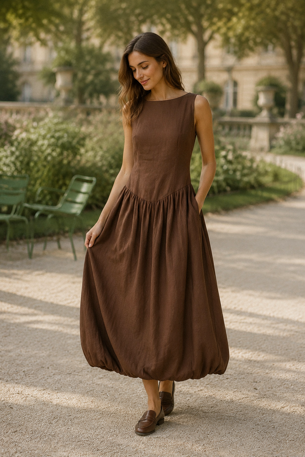 Brown linen bubble midi dress, front view, sleeveless, round neck, gathered waist