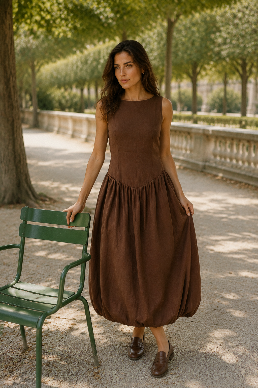 Brown linen bubble midi dress, lifestyle, relaxed day in warm sunlight
