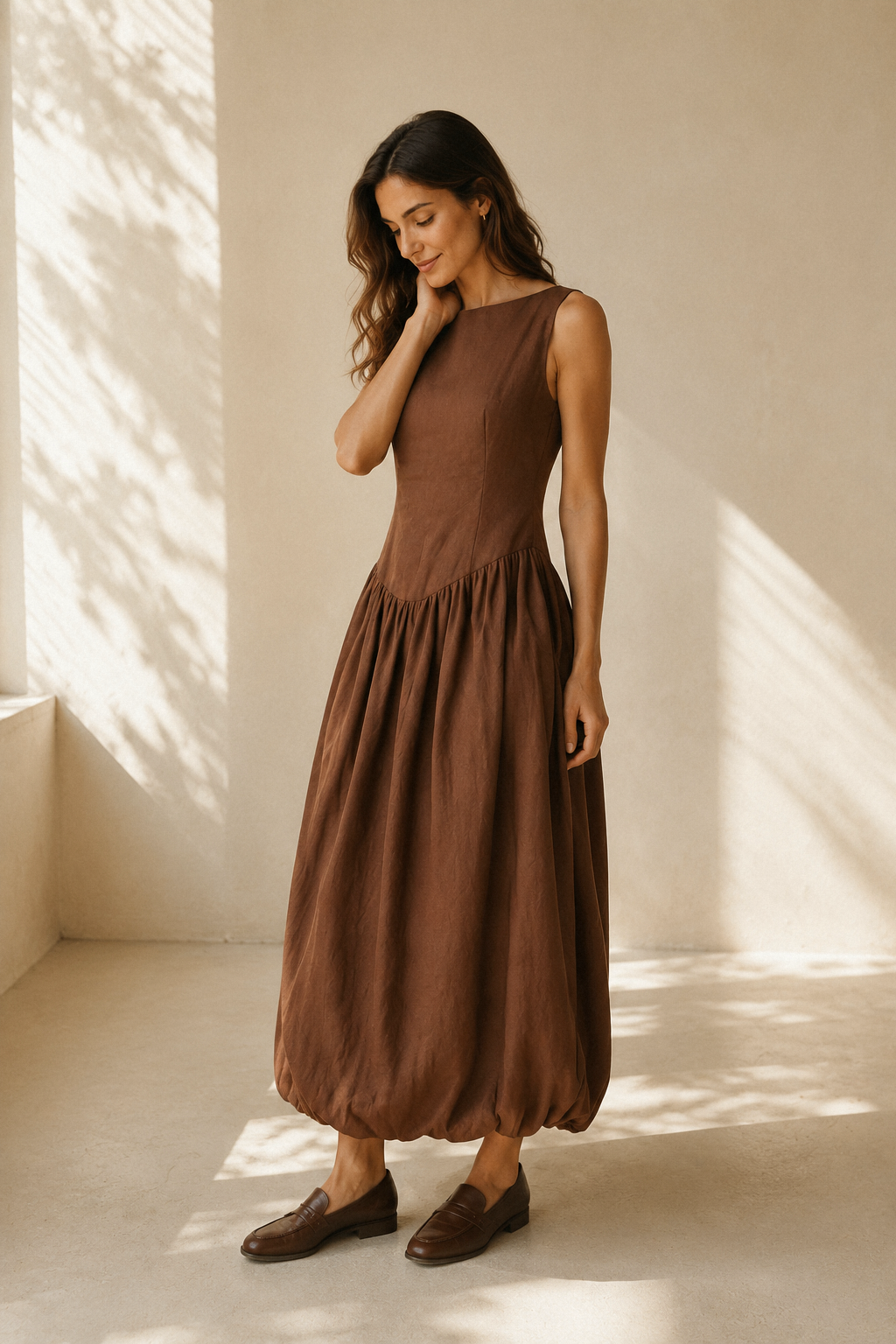 Brown linen bubble midi dress, three-quarter view, rounded skirt volume, comfortable drape
