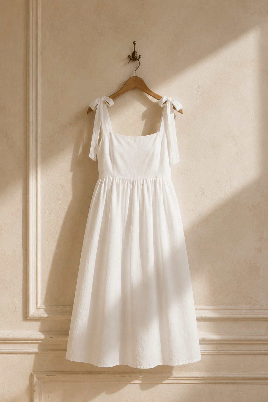 White linen a-line midi dress, hanging on wooden hanger against plaster wall