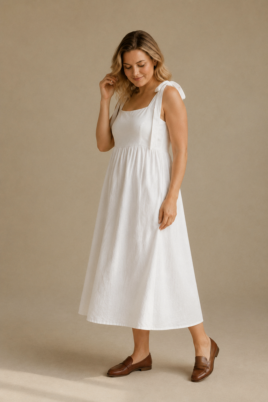 White linen a-line midi dress, three-quarter view, soft drape of linen fabric