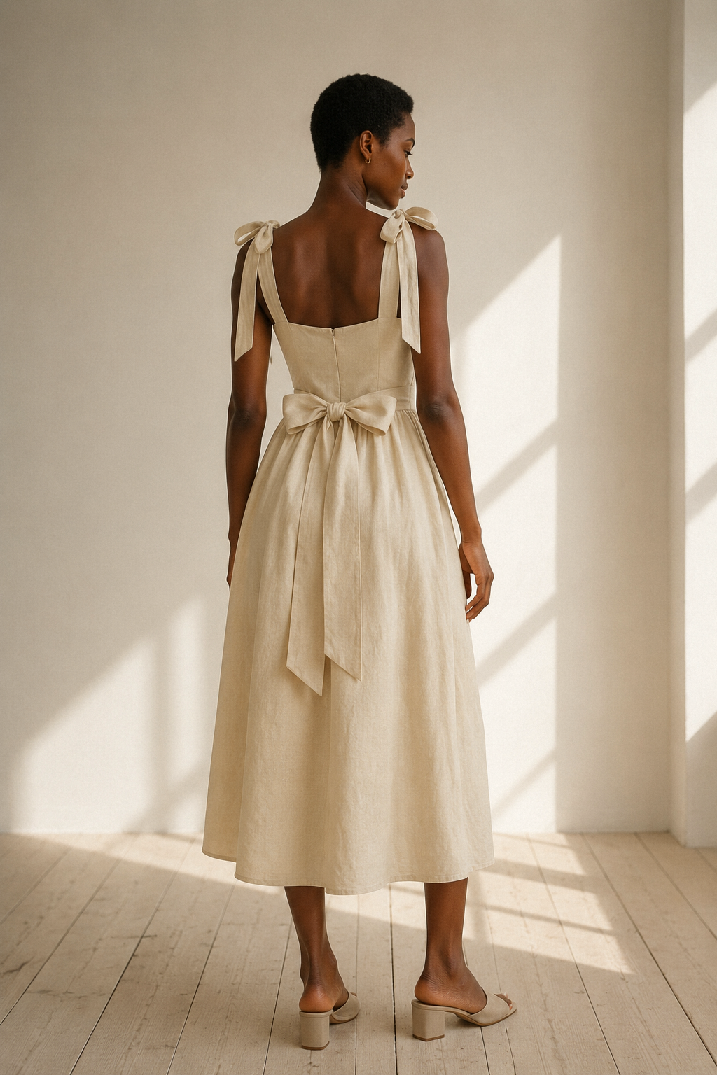 Light beige linen a-line midi dress, back view, bodice fit and skirt silhouette