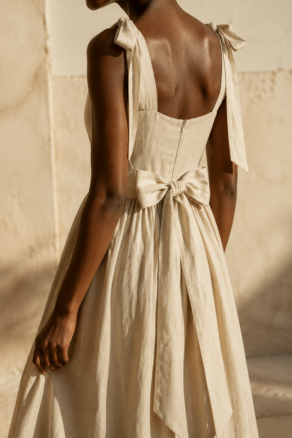 Light beige linen a-line midi dress, fabric detail, flax weave in raking light