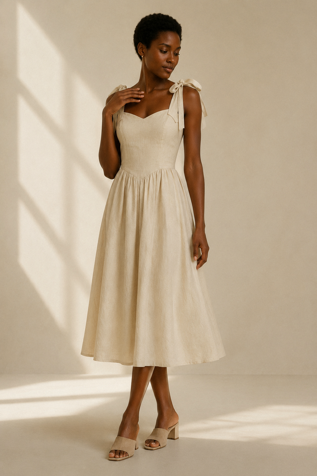 Light beige linen a-line midi dress, full front view, fitted bodice, gathered A-line skirt