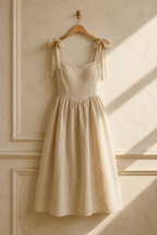 Light beige linen a-line midi dress, hanging on wooden hanger against plaster wall