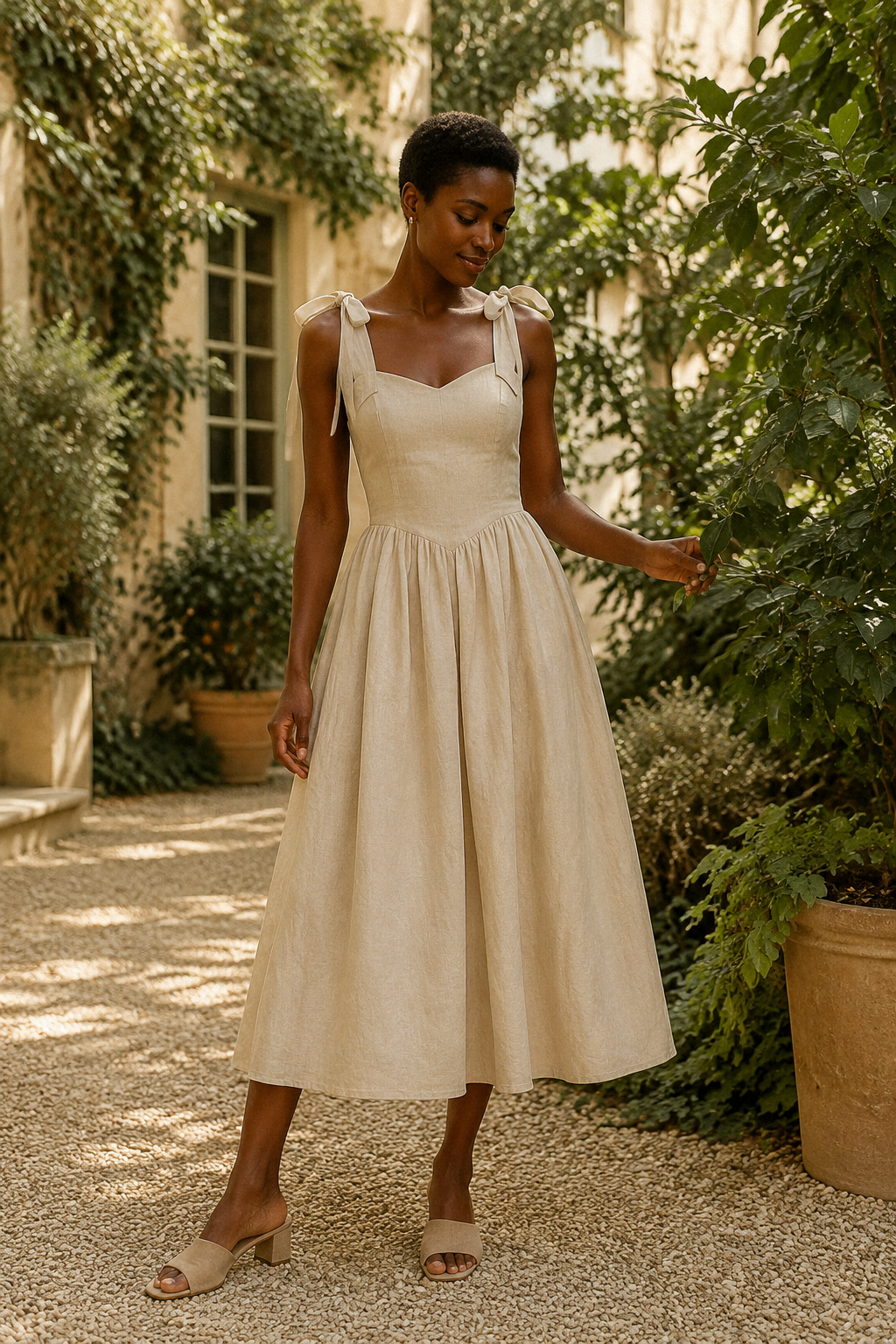 Light beige linen a-line midi dress, front view, sweetheart neckline, tie shoulder straps